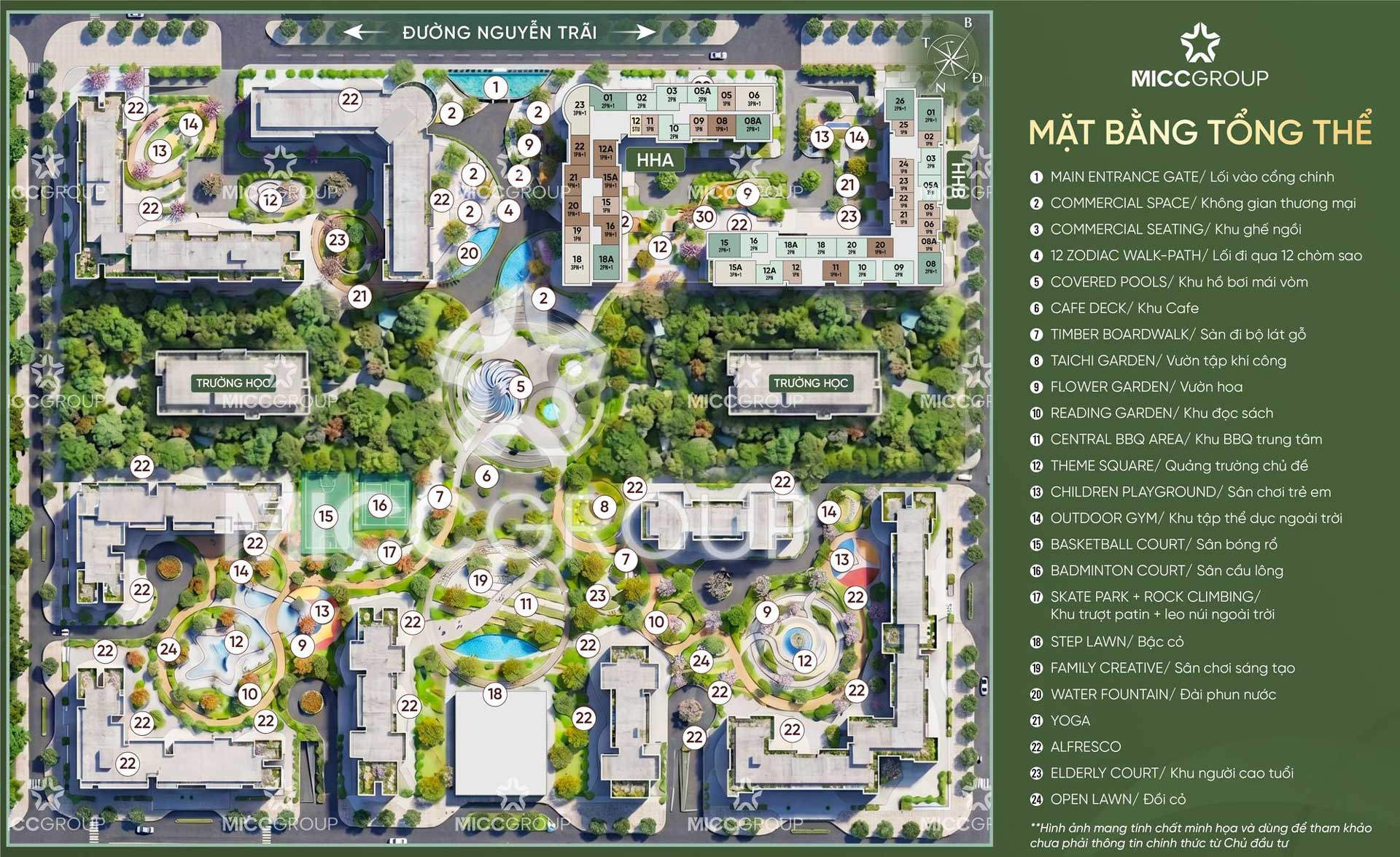 Quy hoạch tổng mặt bằng Hanoi Seasons Garden với mật độ xây dựng 28.8% cùng chuỗi tiện ích compound khép kín.