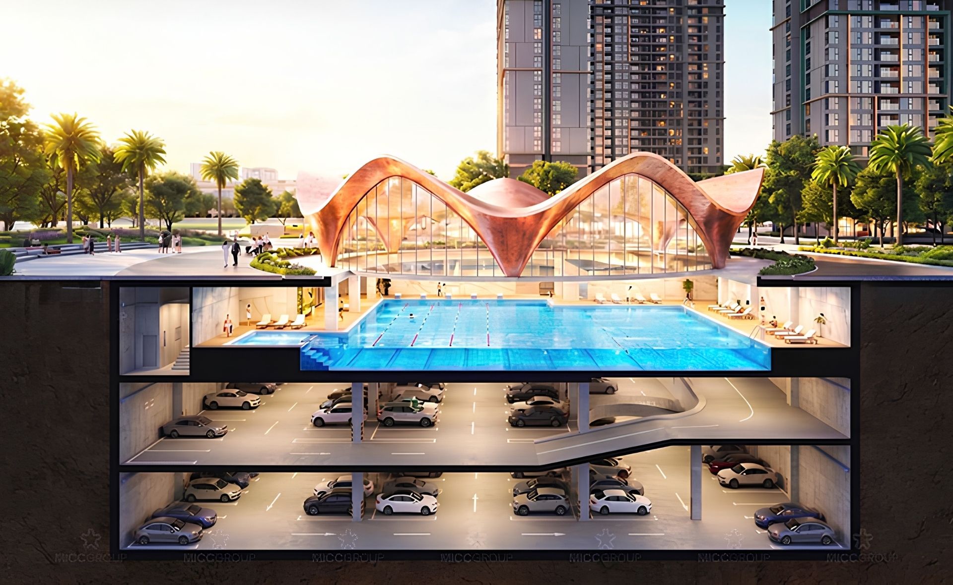 3 tầng hầm đỗ xe liên thông Hanoi Seasons Garden rộng 227.539 m²