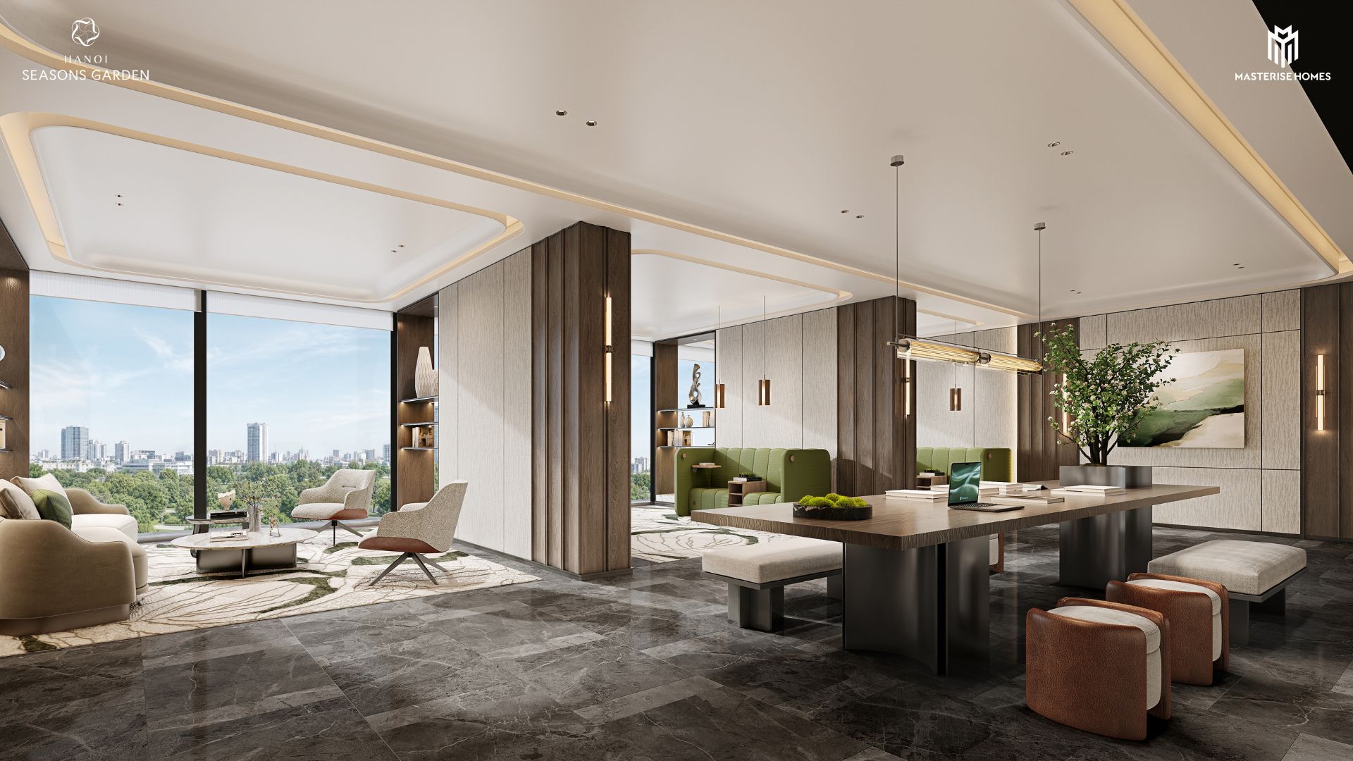 Tầng 1 (Business Lounge): Sảnh đón tiếp sang trọng cùng không gian làm việc yên tĩnh phục vụ nhu cầu tiếp khách chuyên nghiệp